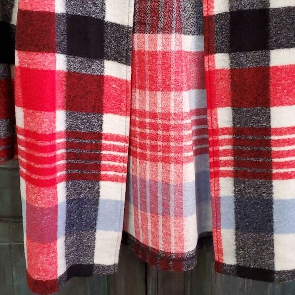CYNTHIA ROWLEY Crew Neck Red Multicolor Plaid Wool Blend Tweed Coat, Size Small - Picture 7 of 8